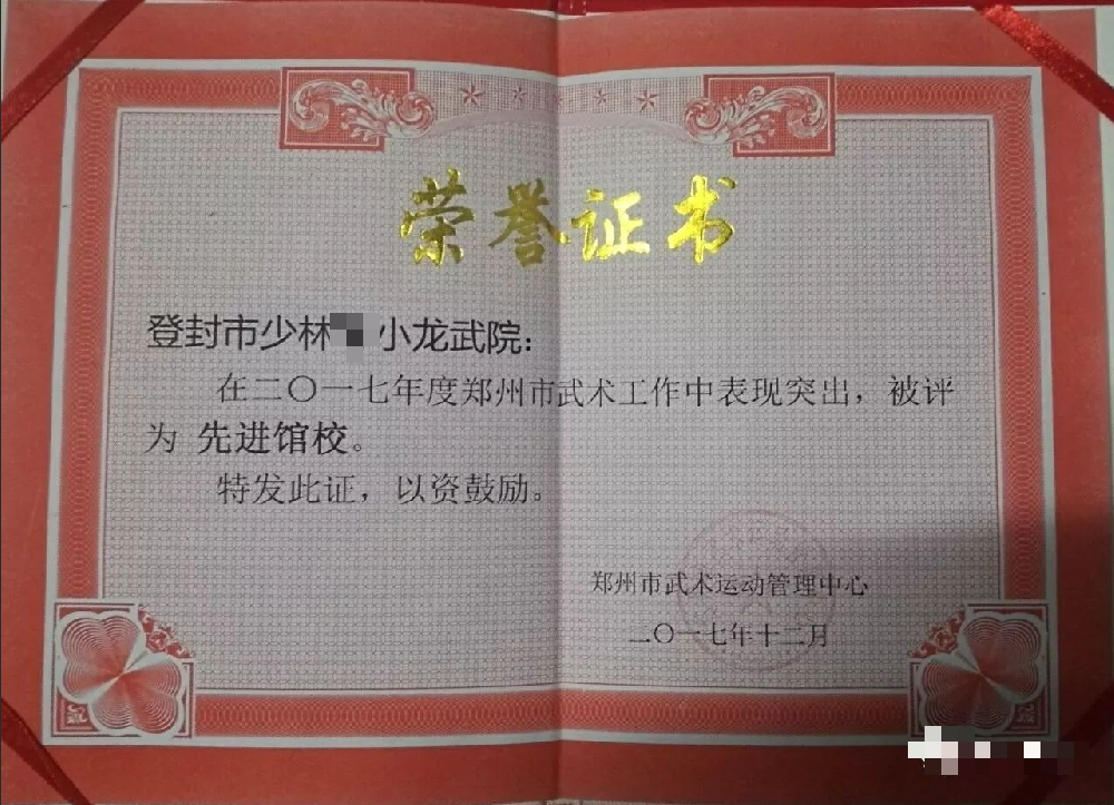 少林小龙武院荣获2017年郑州市武术工作先进馆校荣誉称号